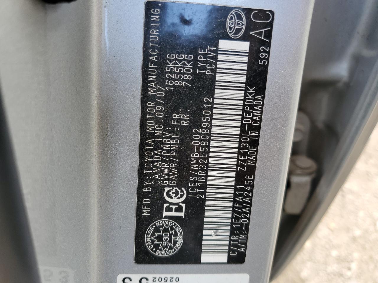 2008 Toyota Corolla Ce VIN: 2T1BR32E58C895012 Lot: 85828415