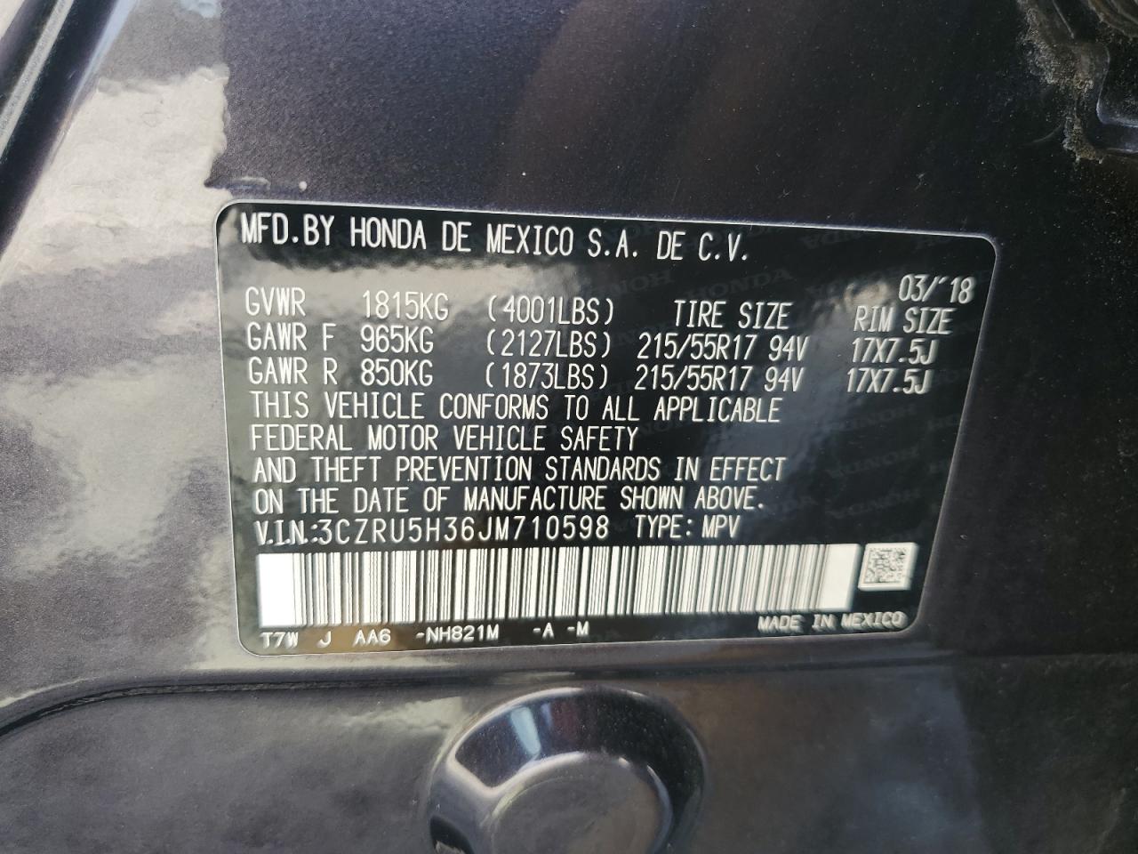 2018 Honda Hr-V Lx VIN: 3CZRU5H36JM710598 Lot: 81885165