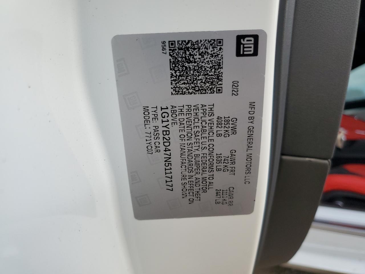 2022 Chevrolet Corvette Stingray 2Lt VIN: 1G1YB2D47N5117177 Lot: 90053555