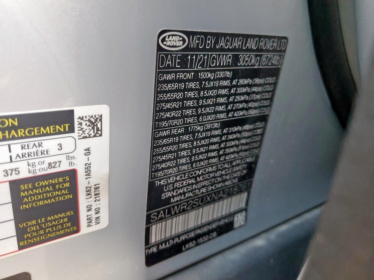 2022 Land Rover Range Rover Sport Hse Silver Edition VIN: SALWR2SUXNA218761 Lot: 84302825
