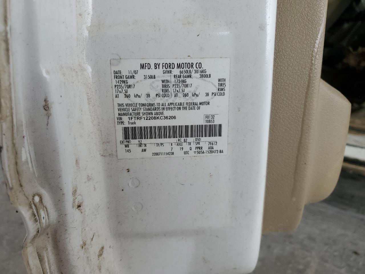 2008 Ford F150 VIN: 1FTRF12208KC36206 Lot: 82330285