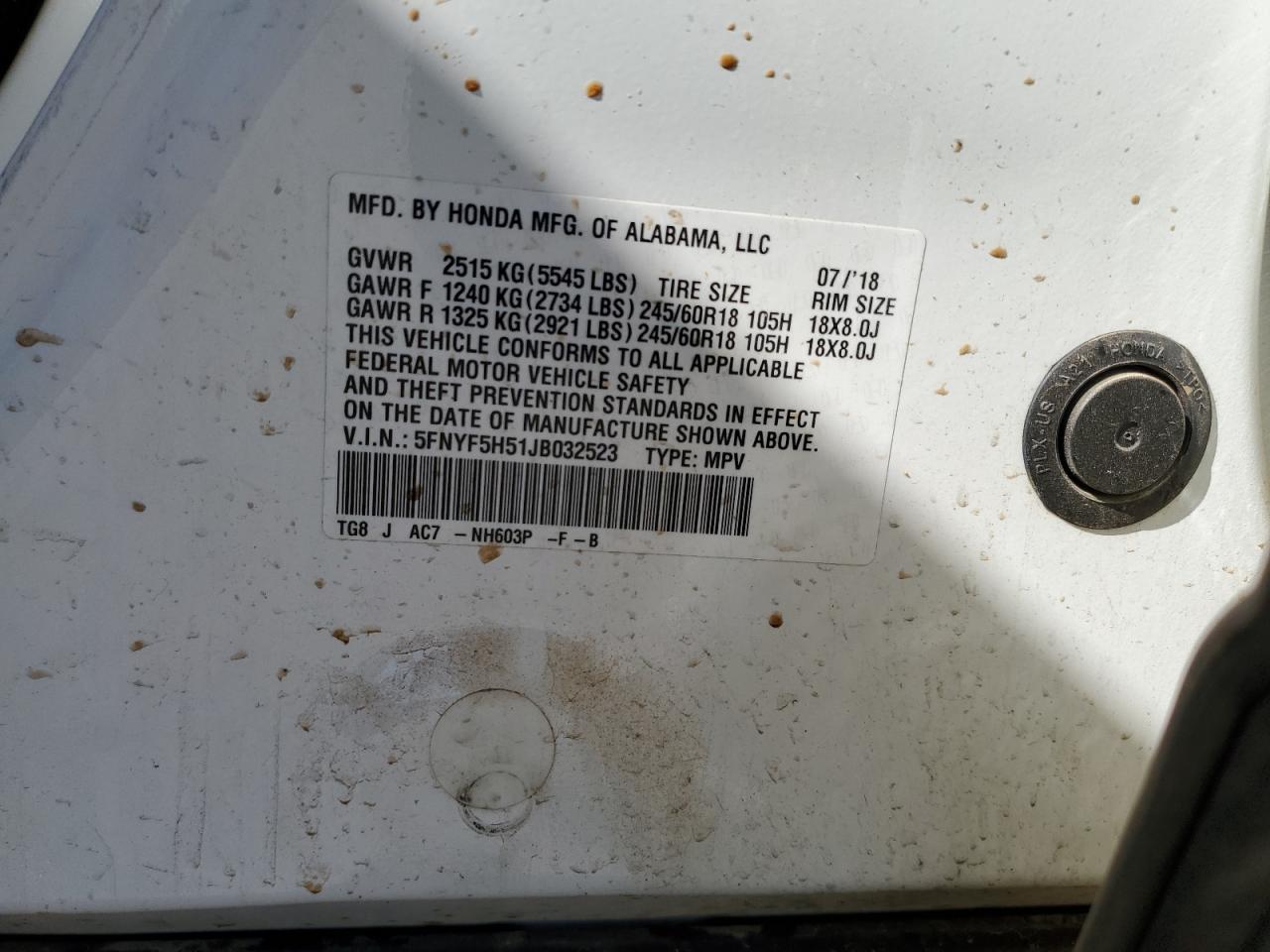 2018 Honda Pilot Exl VIN: 5FNYF5H51JB032523 Lot: 86629865