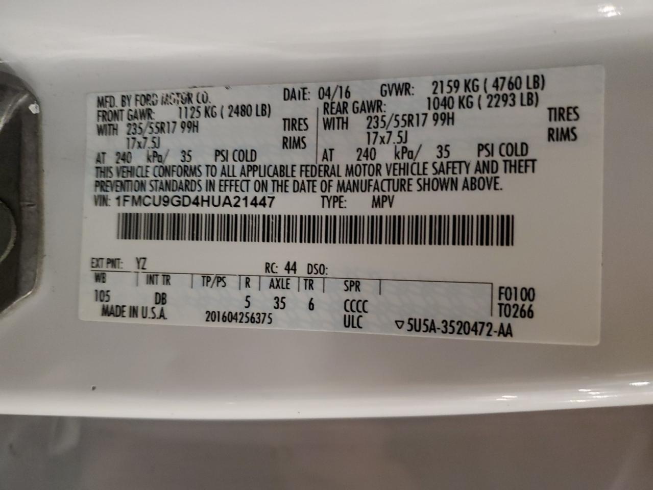 2017 Ford Escape Se VIN: 1FMCU9GD4HUA21447 Lot: 82348235