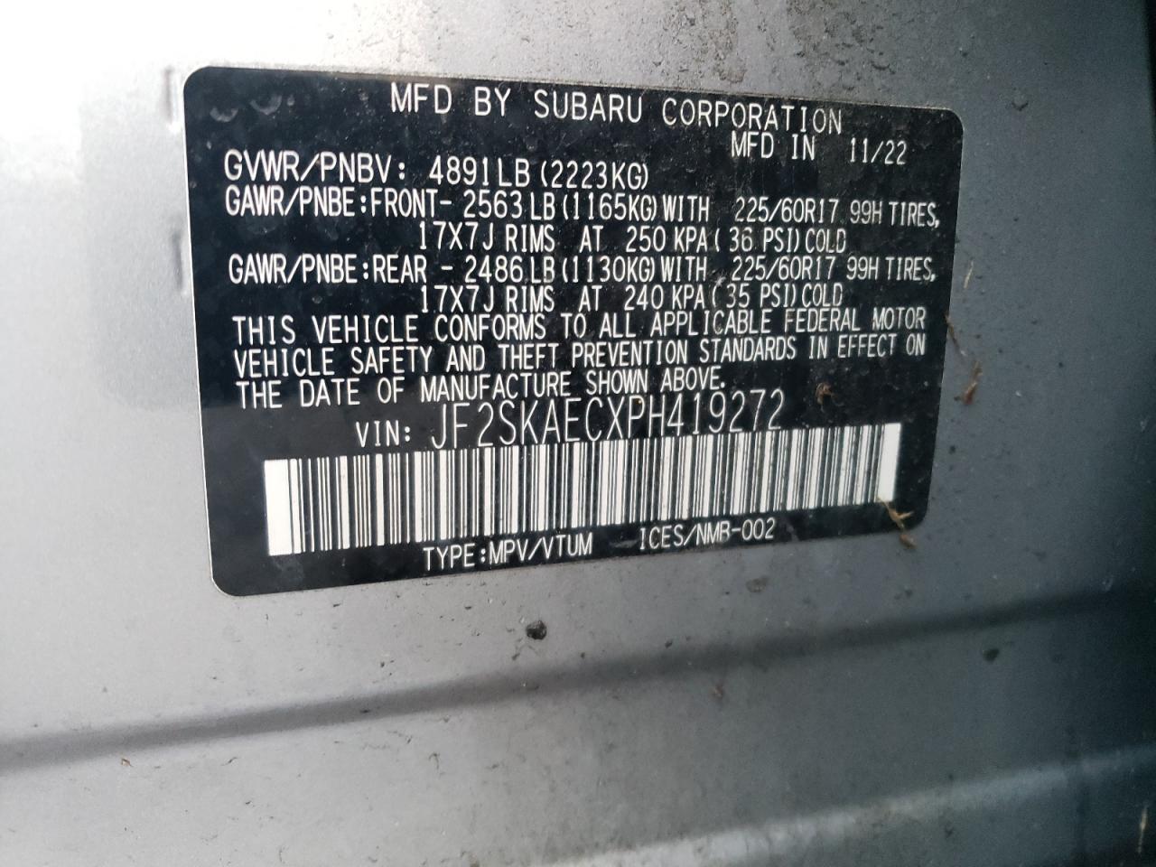 2023 Subaru Forester Premium VIN: JF2SKAECXPH419272 Lot: 85388165