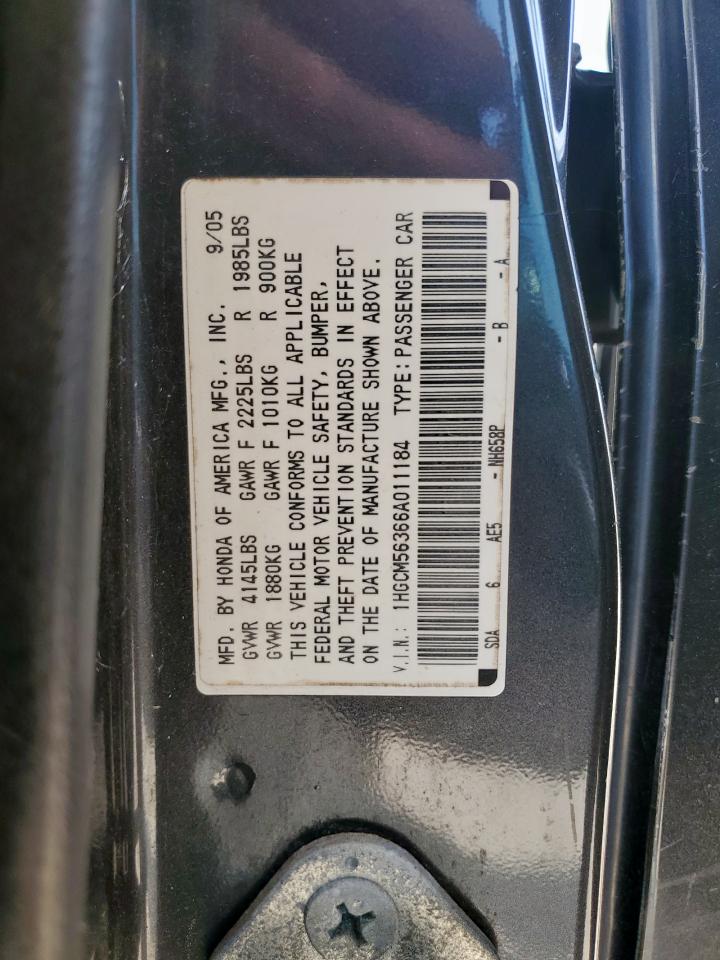 2006 Honda Accord Se VIN: 1HGCM56366A011184 Lot: 85098975