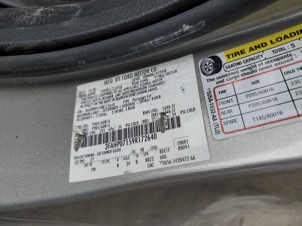 2009 Ford Fusion Se VIN: 3FAHP07159R172640 Lot: 82485335