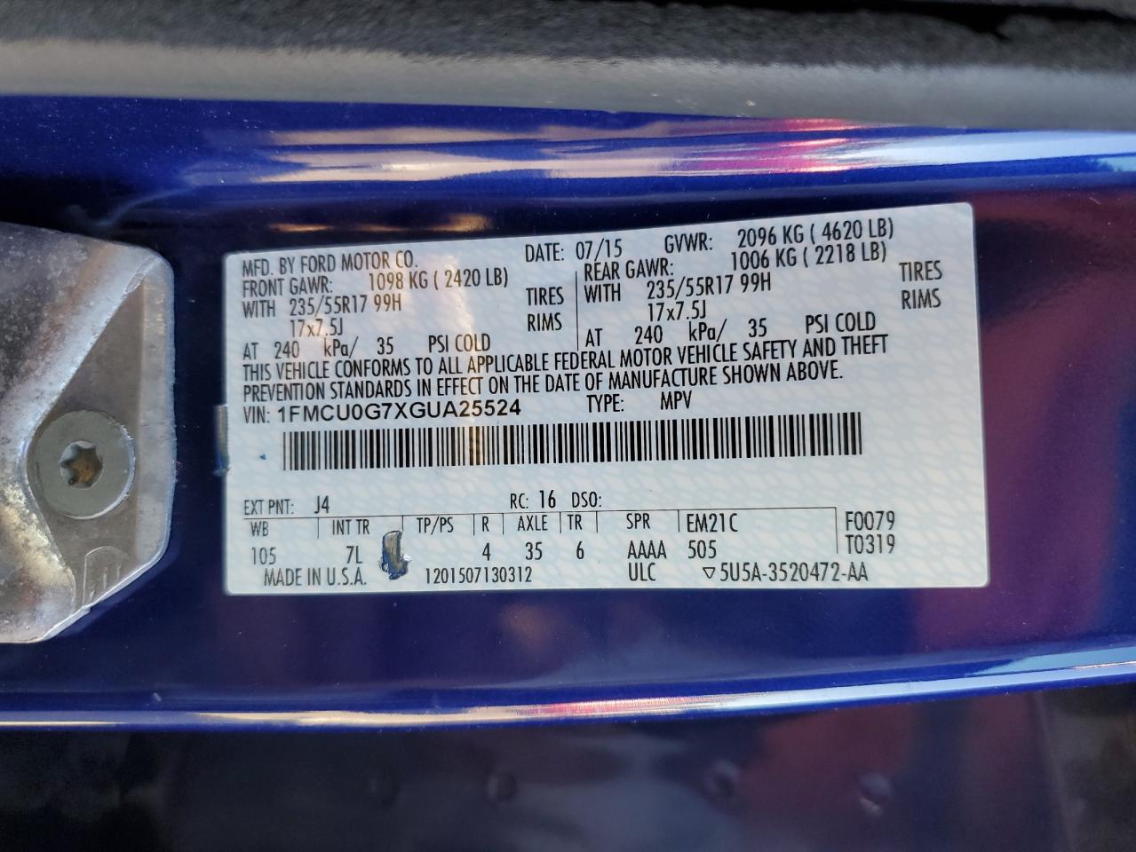 2016 Ford Escape Se VIN: 1FMCU0G7XGUA25524 Lot: 86815525