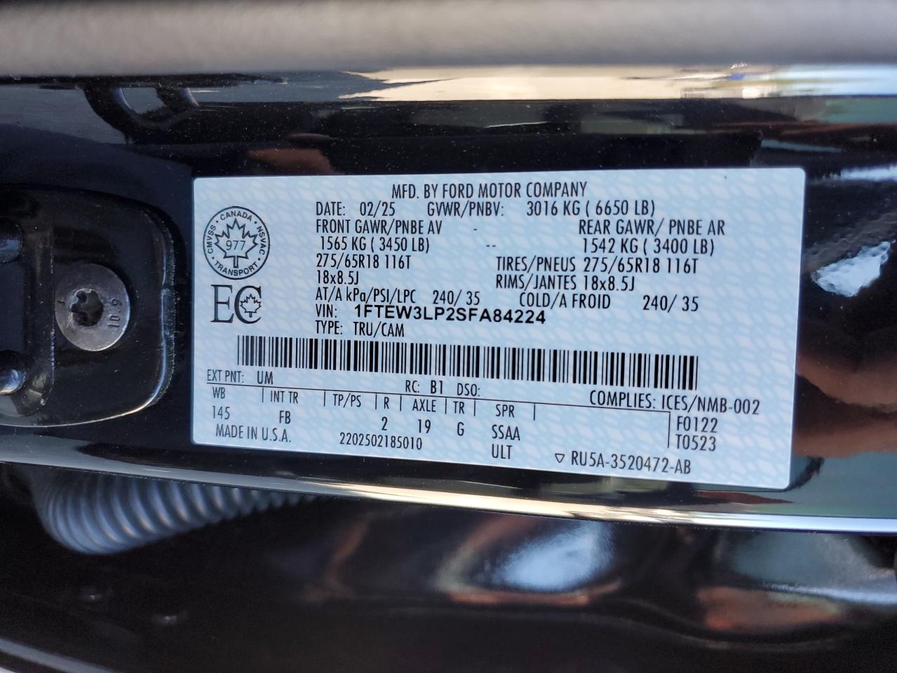 2025 Ford F150 Xlt VIN: 1FTEW3LP2SFA84224 Lot: 84619975