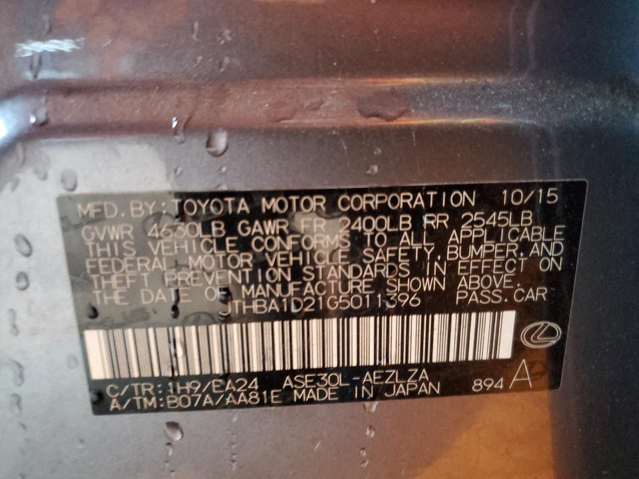 2016 Lexus Is 200T VIN: JTHBA1D21G5011396 Lot: 81953595