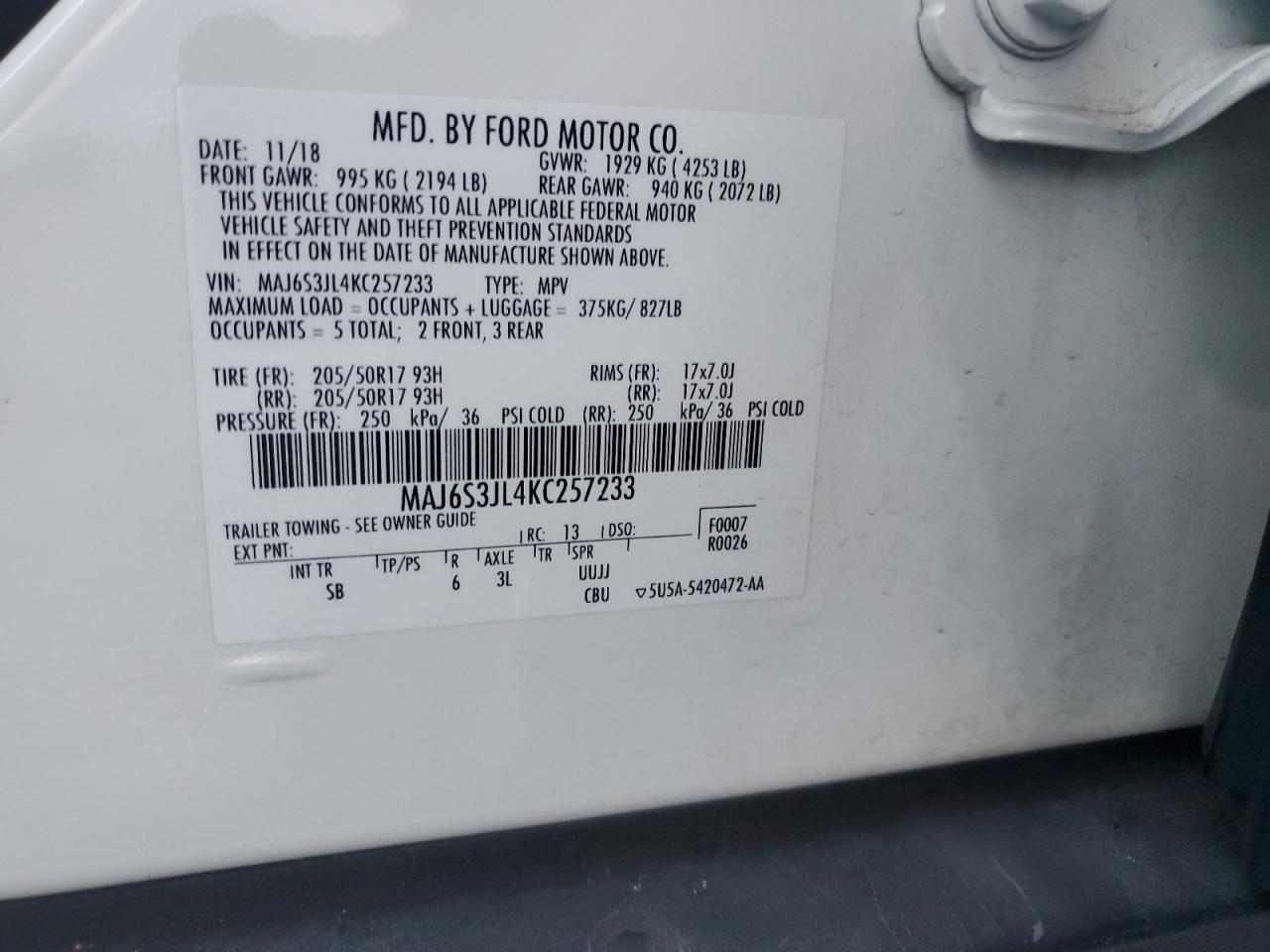 2019 Ford Ecosport Ses VIN: MAJ6S3JL4KC257233 Lot: 84545215