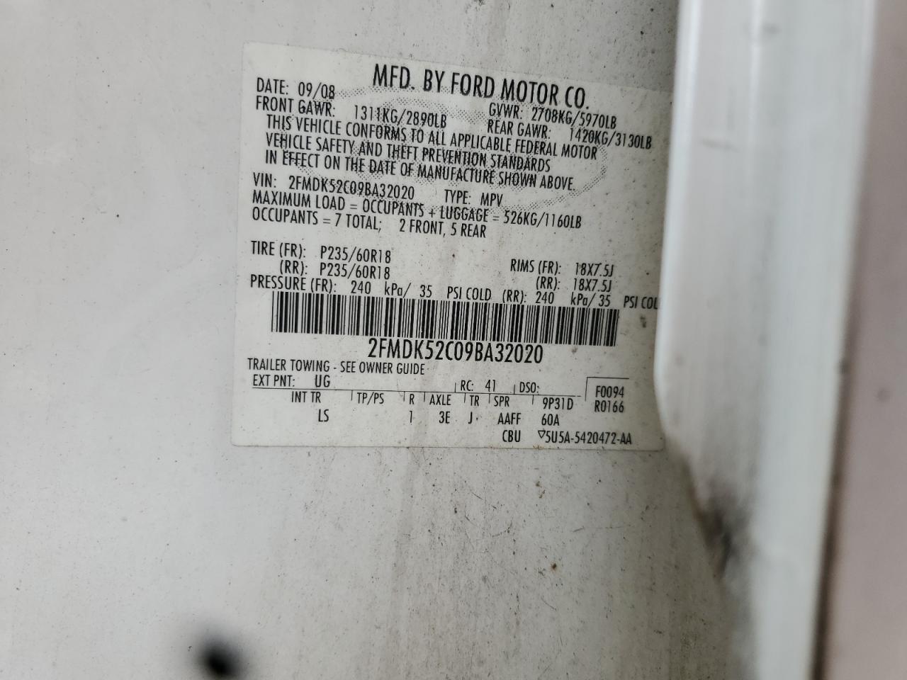 2009 Ford Flex Sel VIN: 2FMDK52C09BA32020 Lot: 86673705