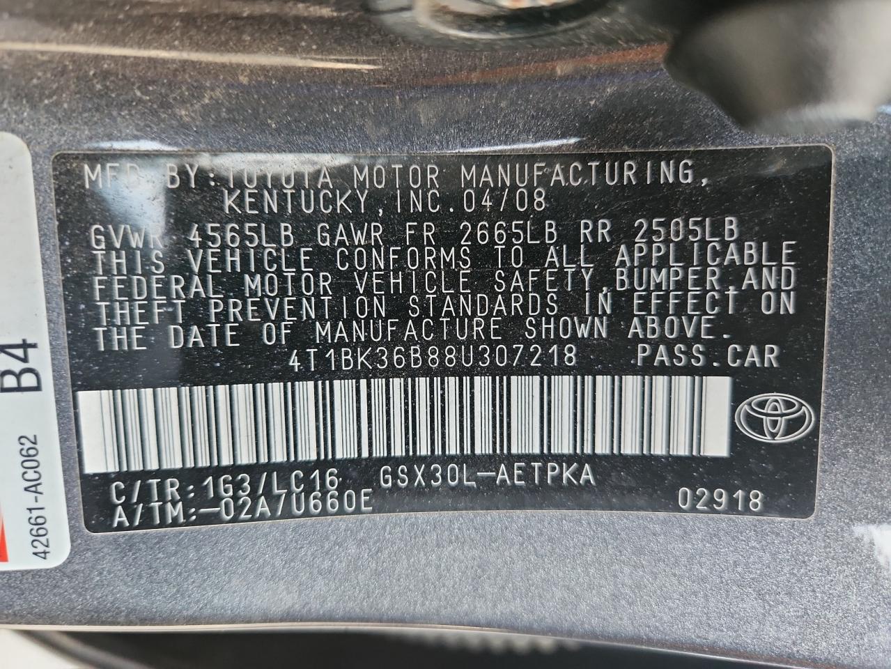 2008 Toyota Avalon Xl VIN: 4T1BK36B88U307218 Lot: 89928255