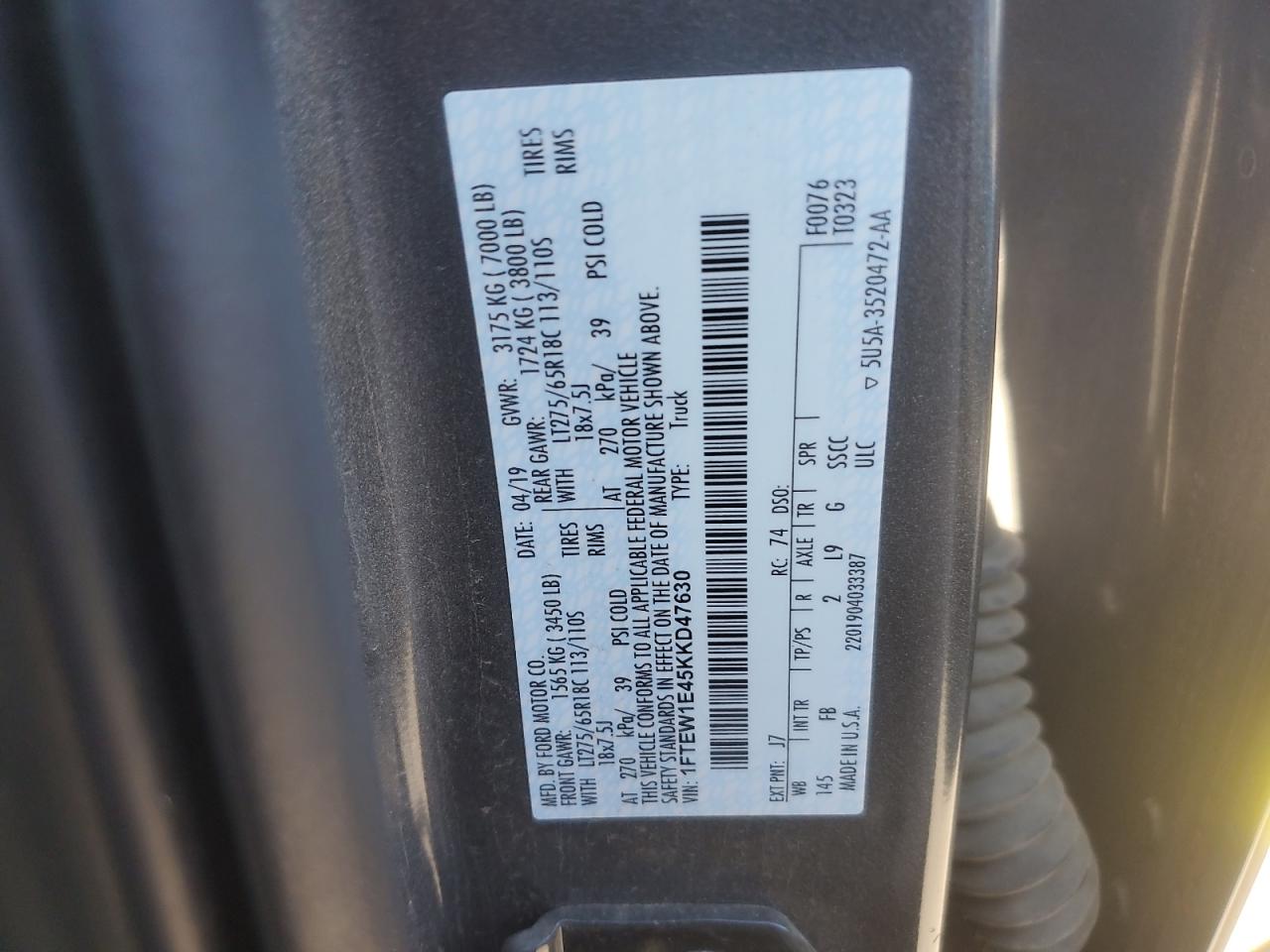 2019 Ford F150 Supercrew VIN: 1FTEW1E45KKD47630 Lot: 85191975