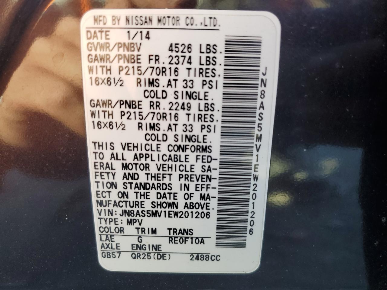 2014 Nissan Rogue Select S VIN: JN8AS5MV1EW201206 Lot: 85706605