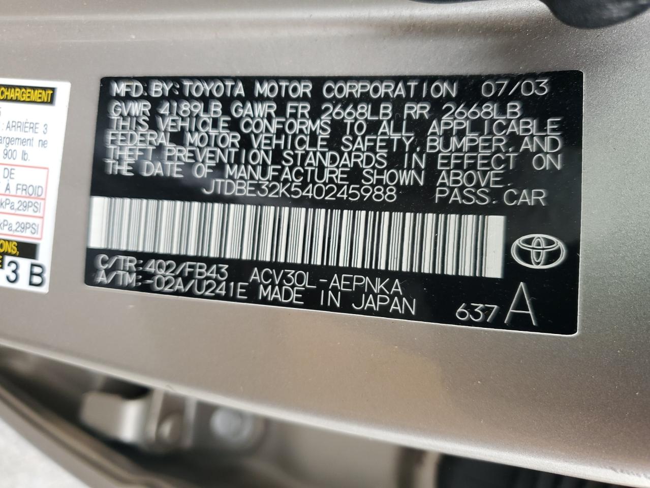 2004 Toyota Camry Le VIN: JTDBE32K540245988 Lot: 85377585