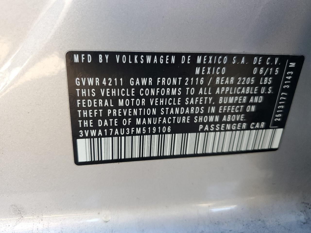 2015 Volkswagen Golf Sportwagen S VIN: 3VWA17AU3FM519106 Lot: 90429255