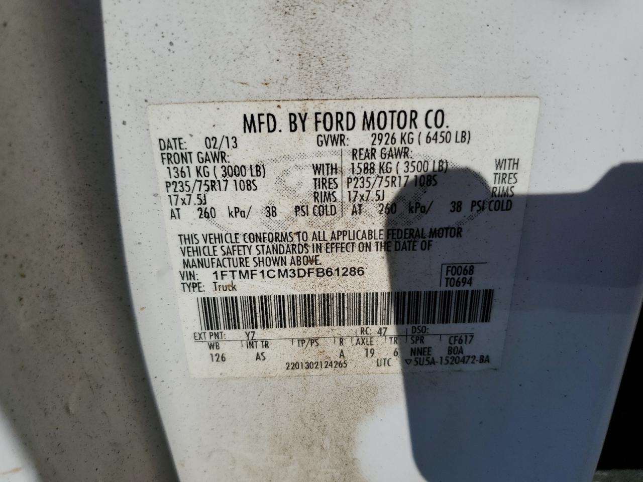 2013 Ford F150 VIN: 1FTMF1CM3DFB61286 Lot: 85270985