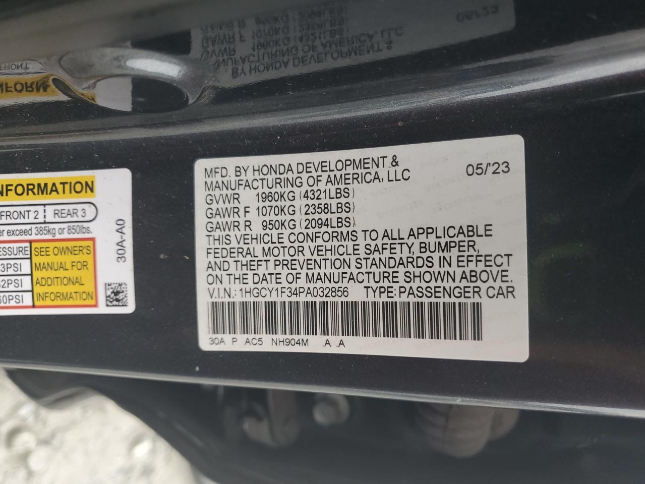 2023 Honda Accord Ex VIN: 1HGCY1F34PA032856 Lot: 85285915