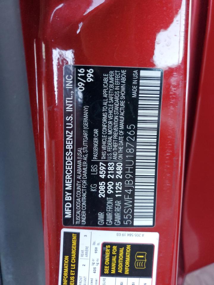 2017 Mercedes-Benz C 300 VIN: 55SWF4JB9HU187265 Lot: 90841195