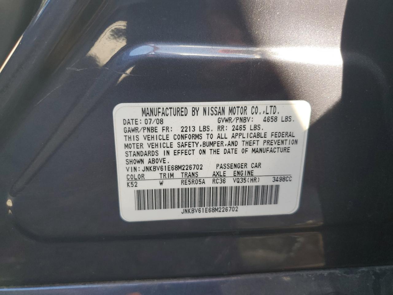 2008 Infiniti G35 VIN: JNKBV61E68M226702 Lot: 90453795