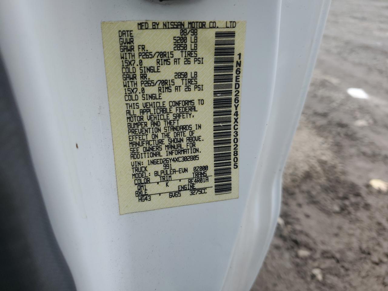 1999 Nissan Frontier King Cab Xe VIN: 1N6ED26Y4XC302805 Lot: 86704975