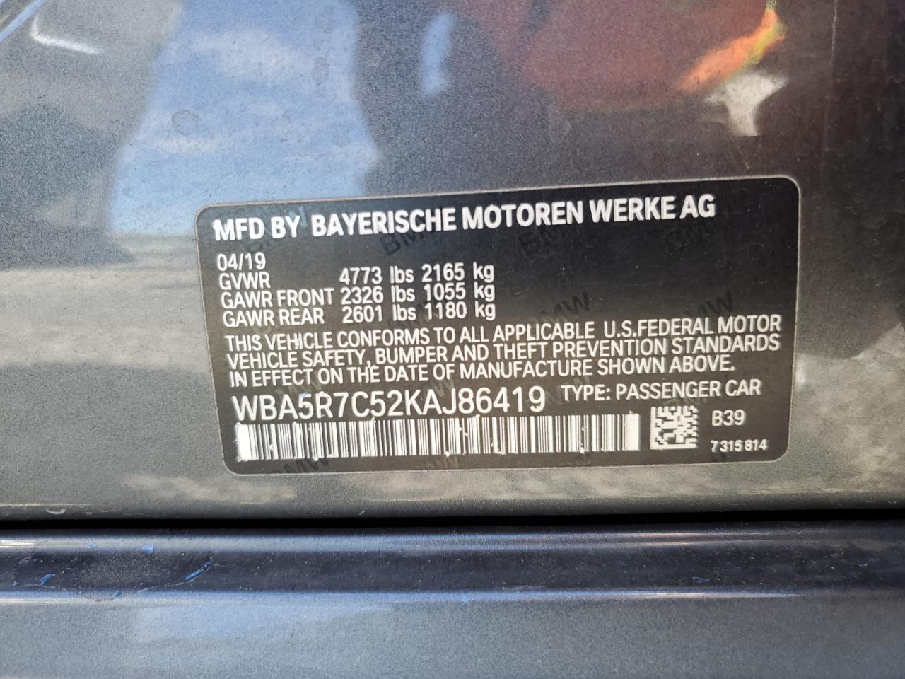 2019 BMW 330Xi VIN: WBA5R7C52KAJ86419 Lot: 85874055