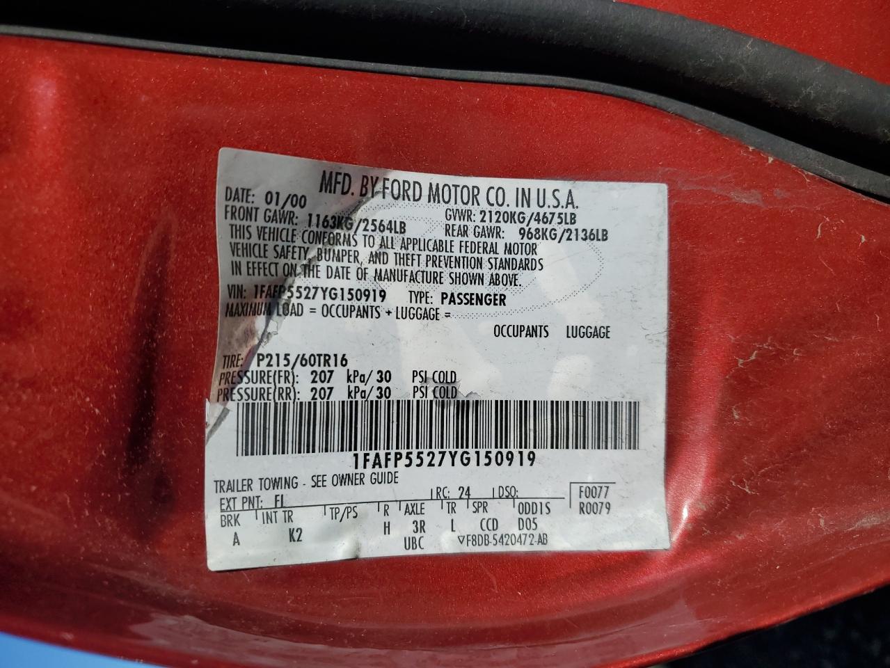 2000 Ford Taurus Ses VIN: 1FAFP5527YG150919 Lot: 82452375