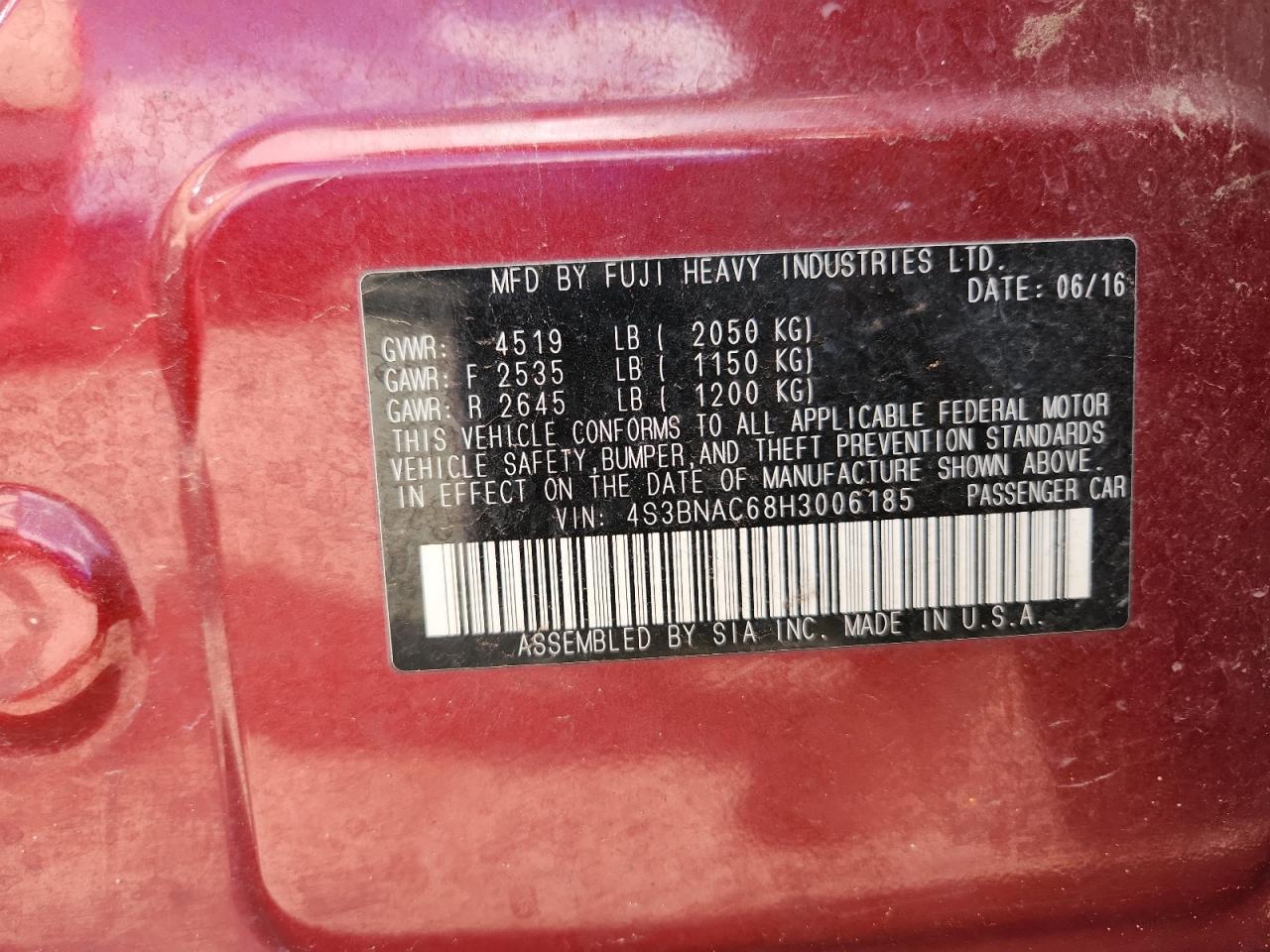 2017 Subaru Legacy 2.5I Premium VIN: 4S3BNAC68H3006185 Lot: 86281515