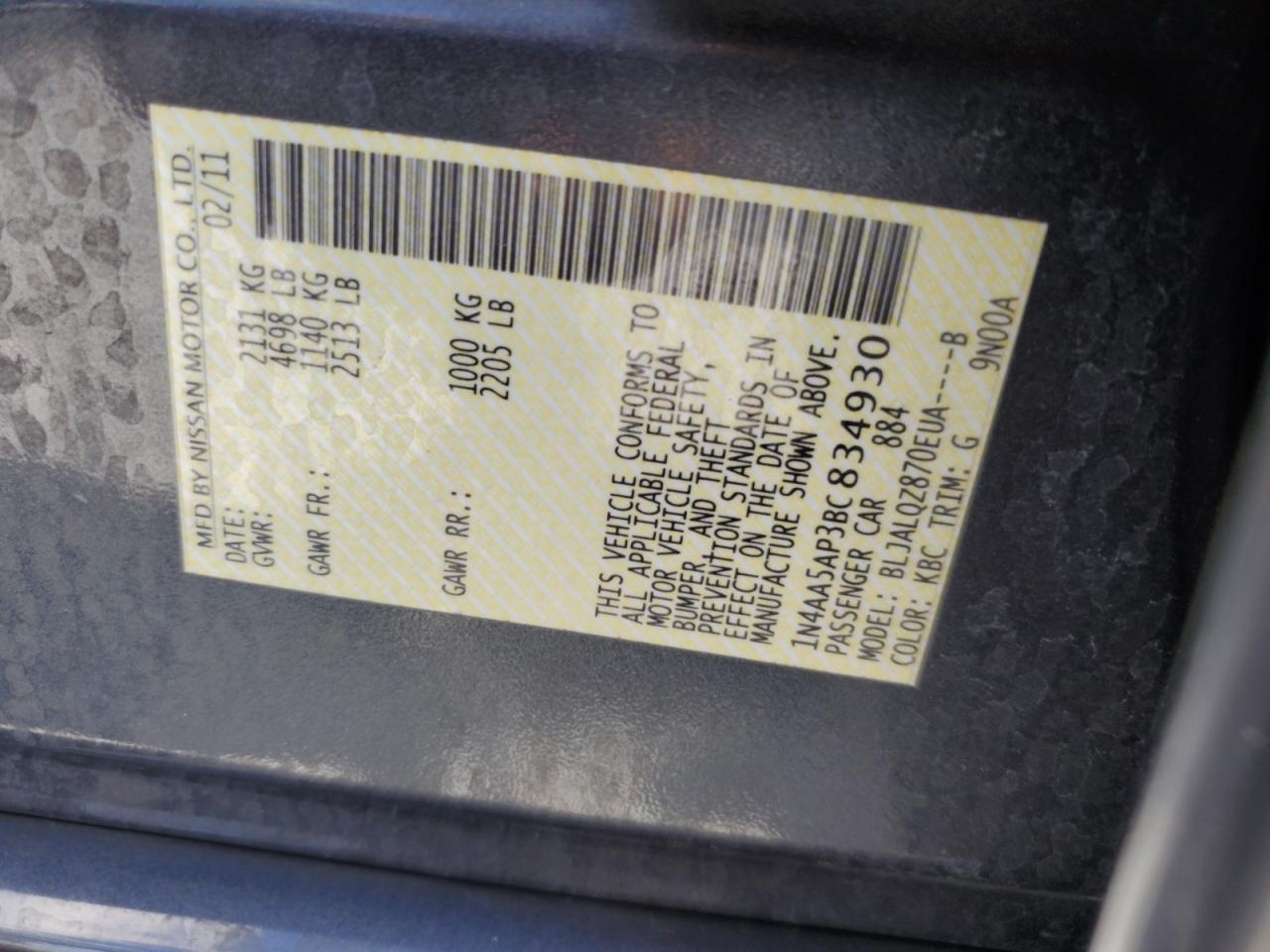 2011 Nissan Maxima S VIN: 1N4AA5AP3BC834930 Lot: 87105775