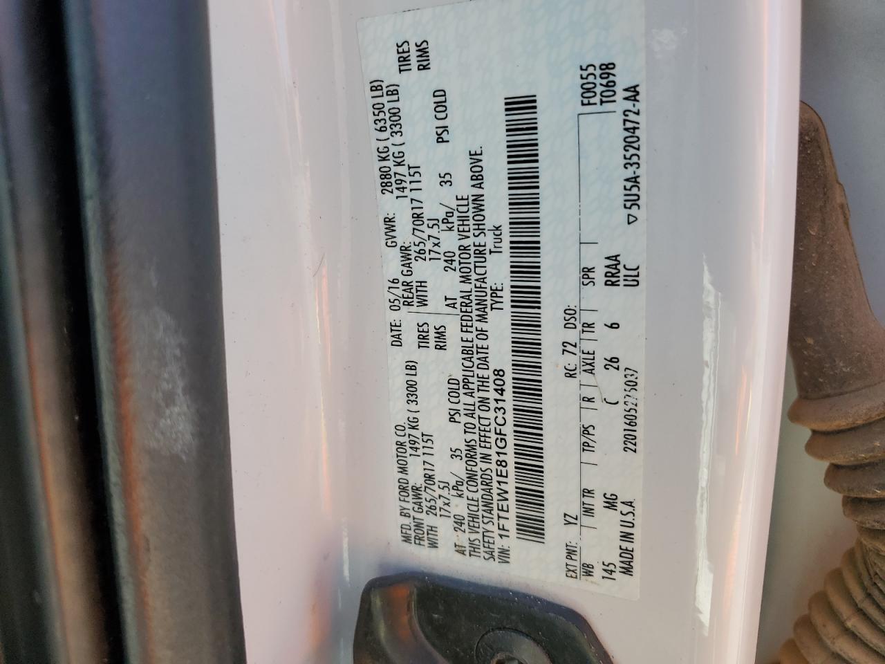 2016 Ford F150 Supercrew VIN: 1FTEW1E81GFC31408 Lot: 82679575