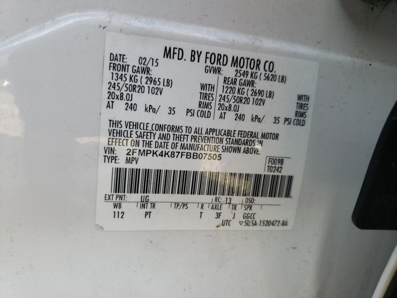2015 Ford Edge Titanium VIN: 2FMPK4K87FBB07505 Lot: 81960285