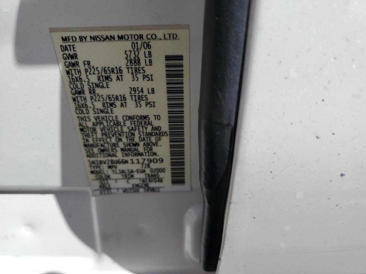 2006 Nissan Quest S VIN: 5N1BV28U66N117909 Lot: 85781785