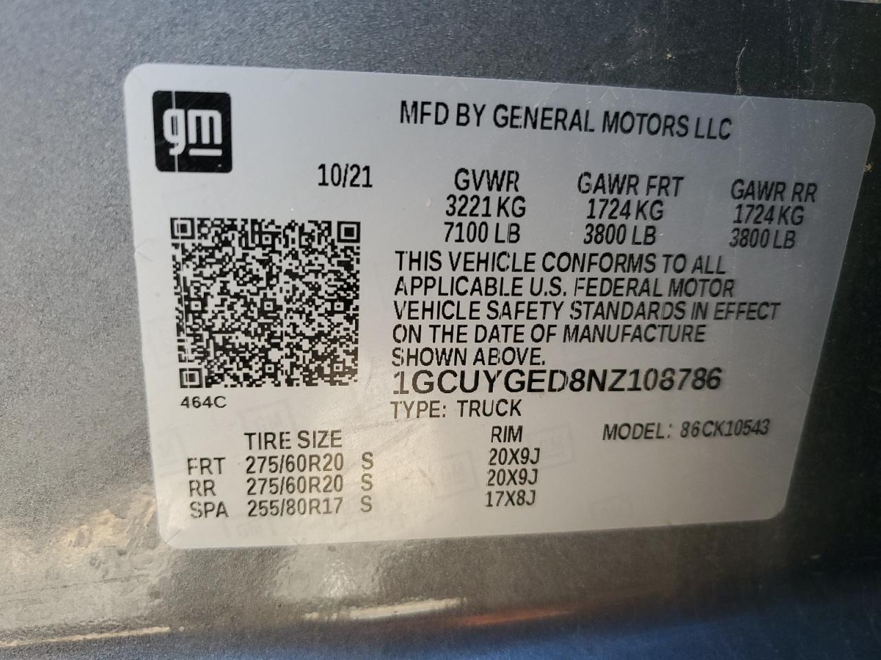 2022 Chevrolet Silverado Ltd K1500 Ltz VIN: 1GCUYGED8NZ108786 Lot: 85201165