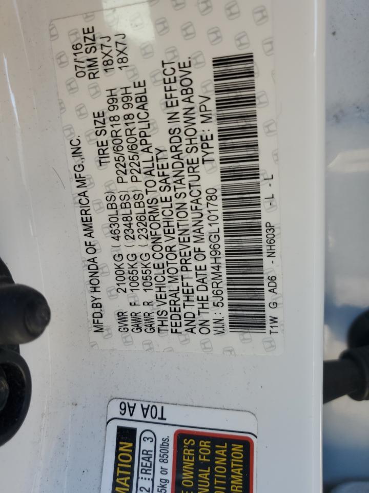 2016 Honda Cr-V Touring VIN: 5J6RM4H96GL101780 Lot: 85875945