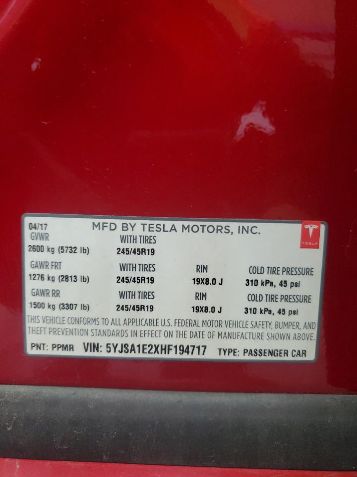 2017 Tesla Model S VIN: 5YJSA1E2XHF194717 Lot: 82676165