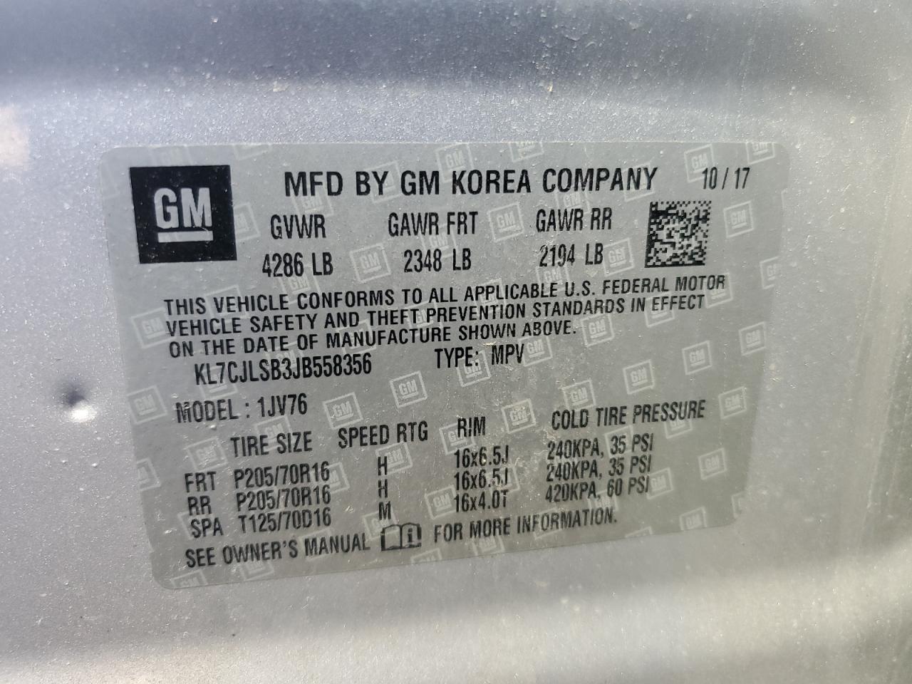 2018 Chevrolet Trax 1Lt VIN: KL7CJLSB3JB558356 Lot: 86084855