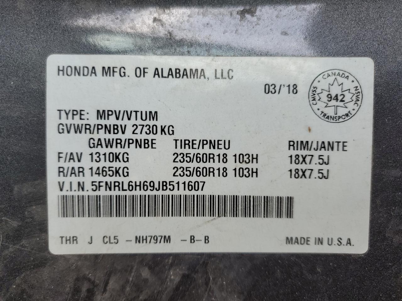 2018 Honda Odyssey Exl VIN: 5FNRL6H69JB511607 Lot: 84986145