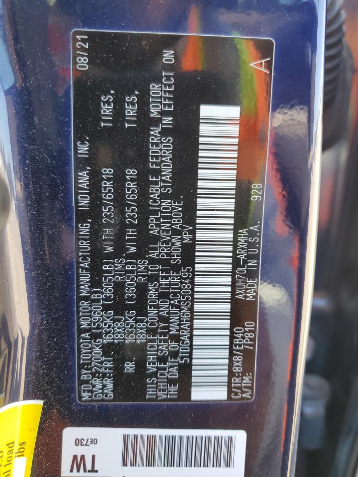 2021 Toyota Highlander Hybrid Xle VIN: 5TDGARAH6MS508495 Lot: 82672575