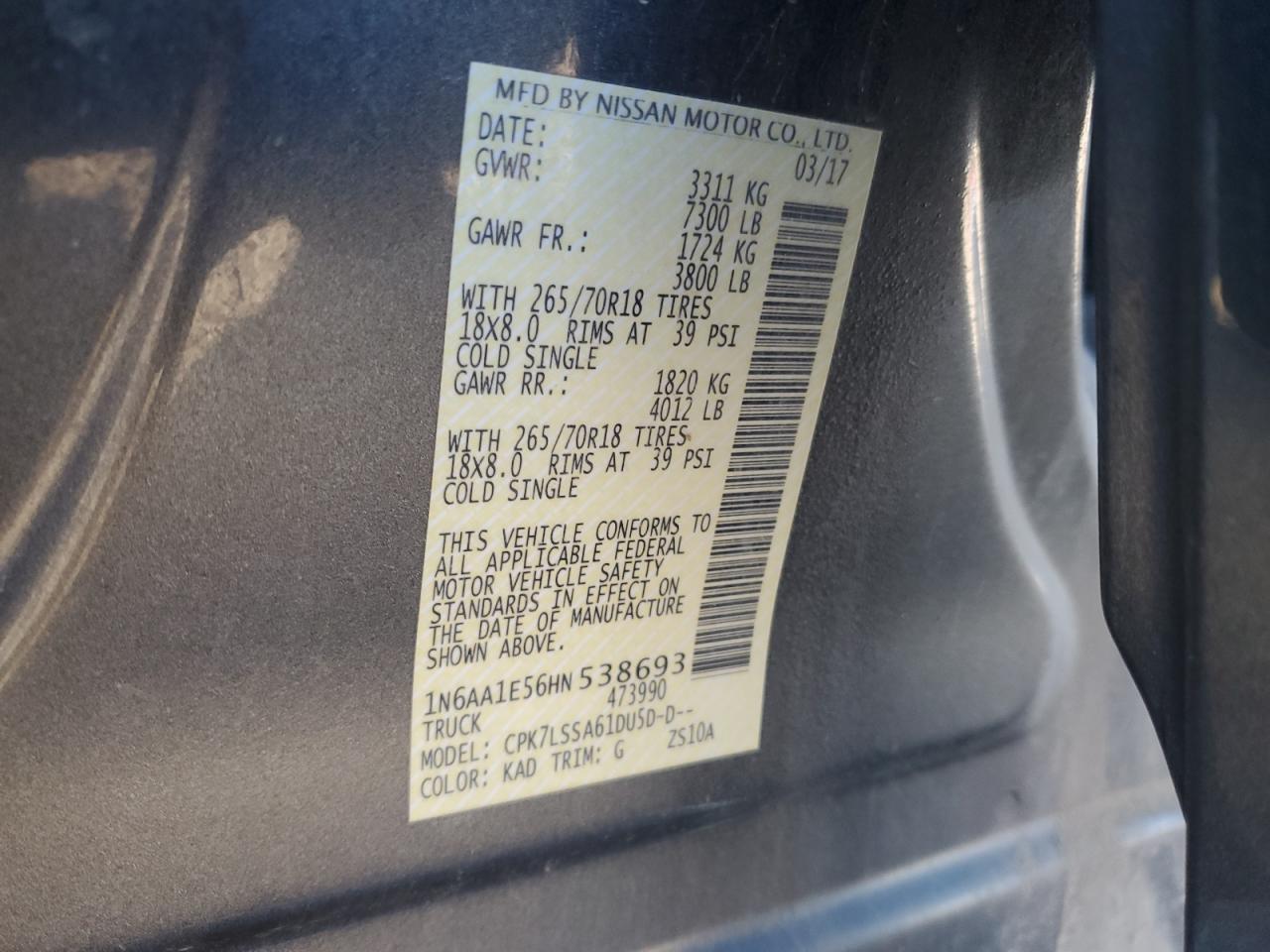 2017 Nissan Titan Sv VIN: 1N6AA1E56HN538693 Lot: 85695025