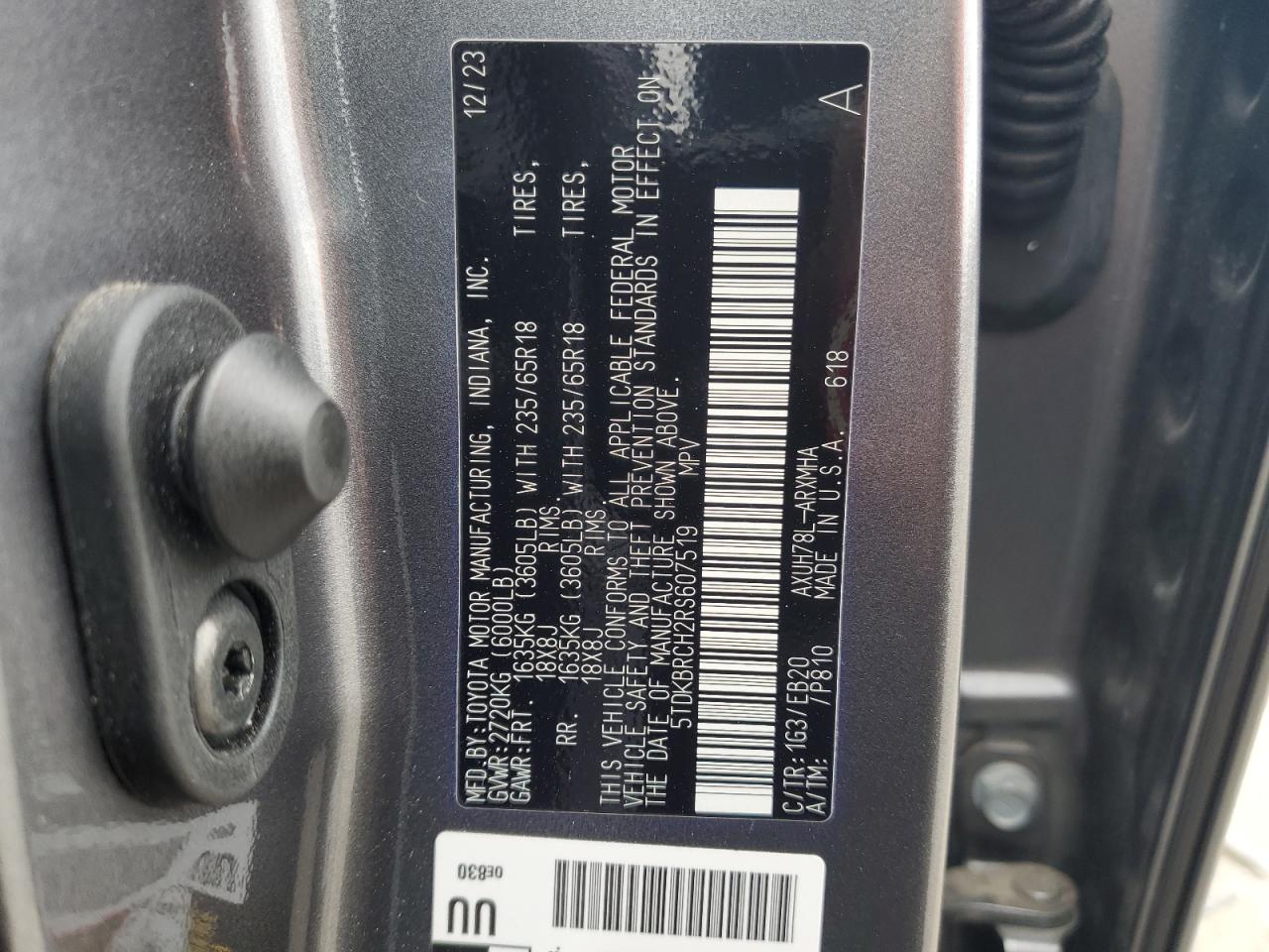 2024 Toyota Highlander Hybrid Xle VIN: 5TDKBRCH2RS607519 Lot: 84640015