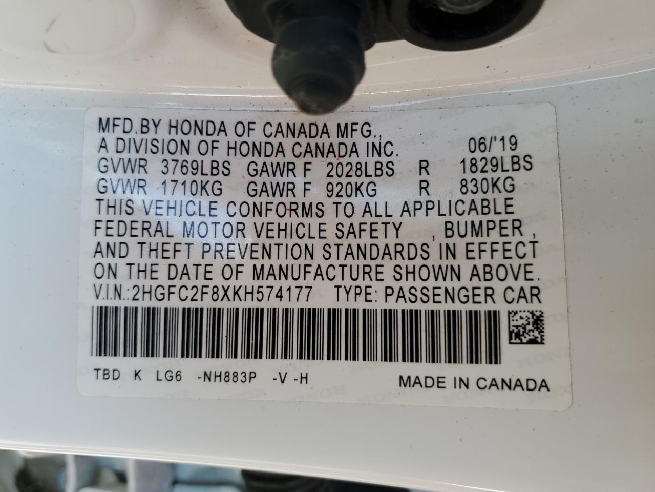 2019 Honda Civic Sport VIN: 2HGFC2F8XKH574177 Lot: 85689855
