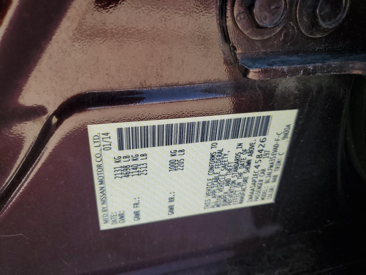 2014 Nissan Maxima S VIN: 1N4AA5AP1EC458426 Lot: 82258185