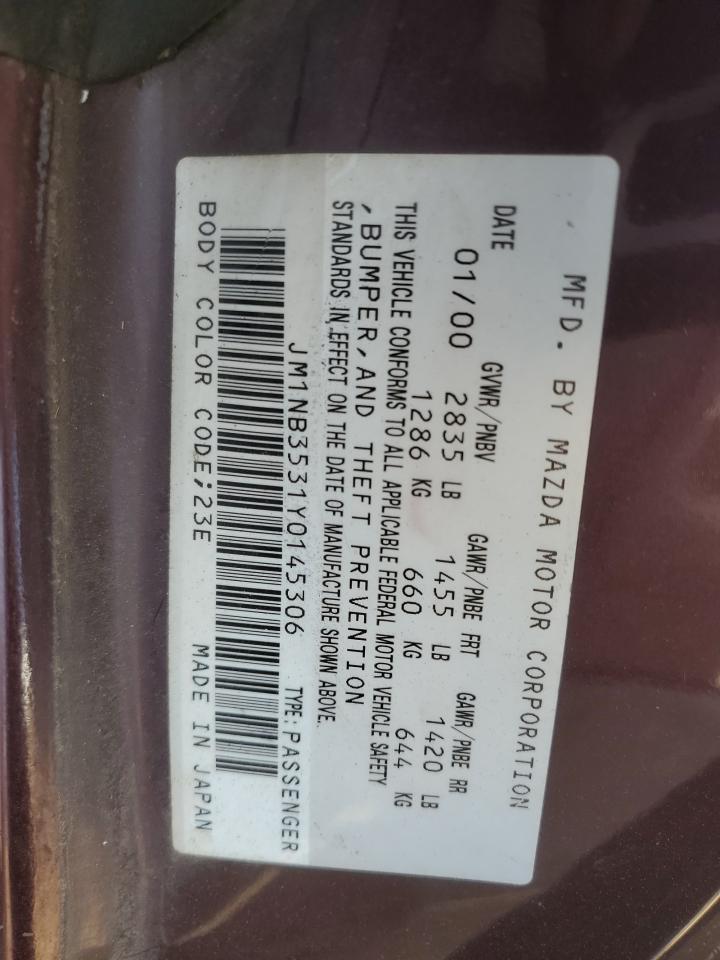 2000 Mazd Mx-5 Miata VIN: JM1NB3531Y0145306 Lot: 81919025