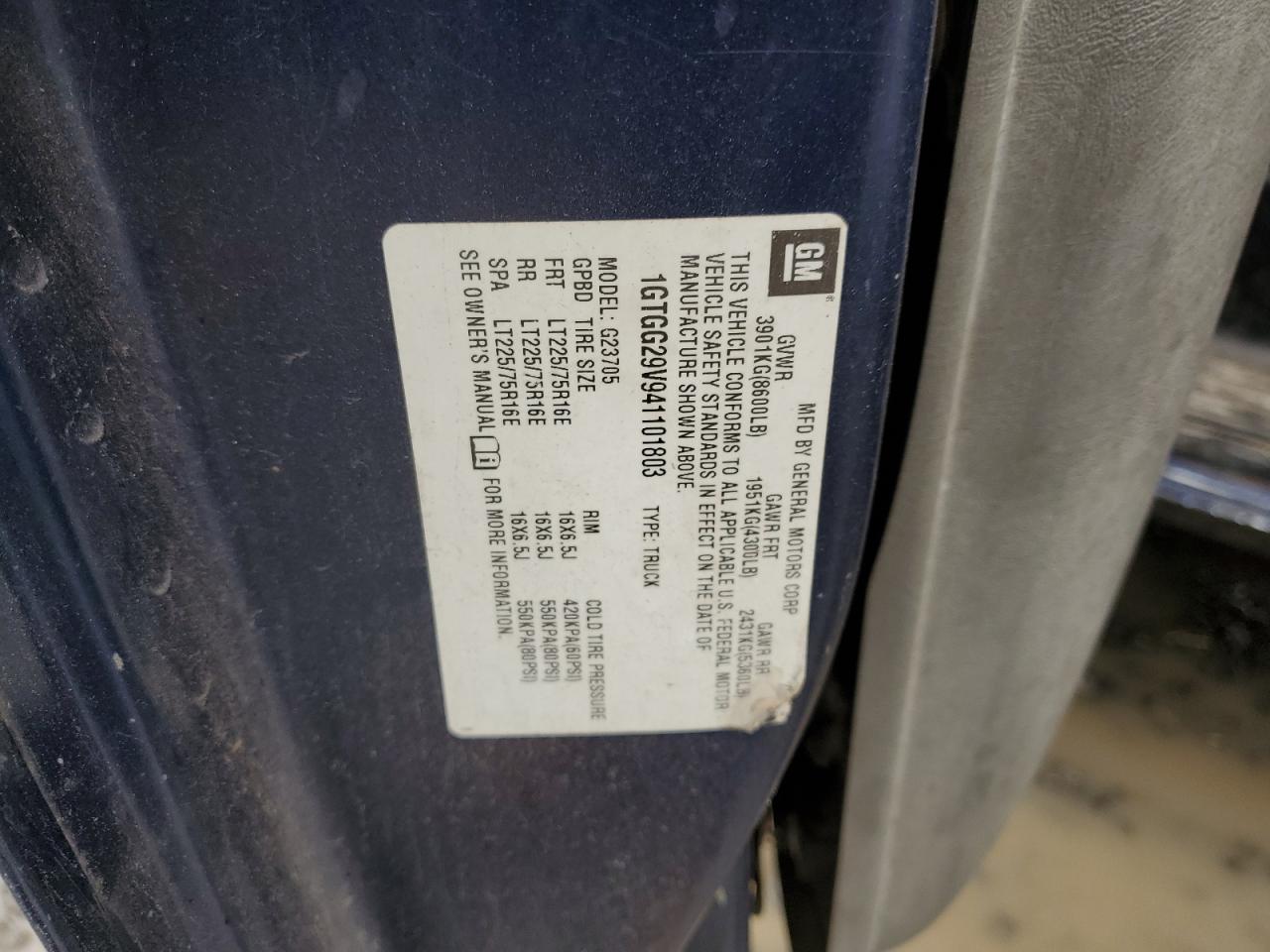 2004 GMC Savana G2500 VIN: 1GTGG29V941101803 Lot: 85508195