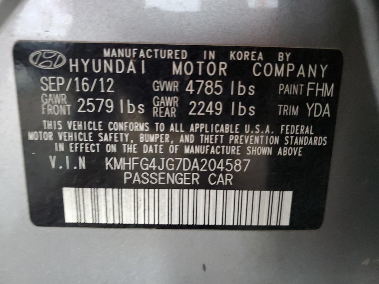 2013 Hyundai Azera VIN: KMHFG4JG7DA204587 Lot: 90932065