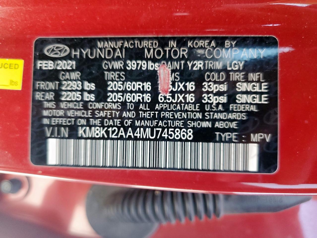 2021 Hyundai Kona Se VIN: KM8K12AA4MU745868 Lot: 82384915