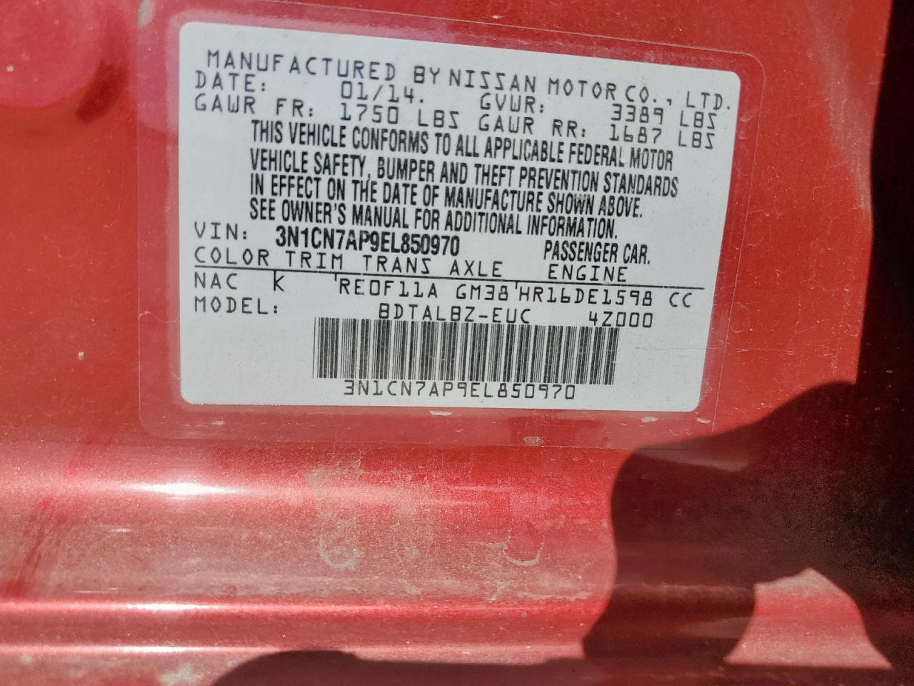 2014 Nissan Versa S VIN: 3N1CN7AP9EL850970 Lot: 86482625