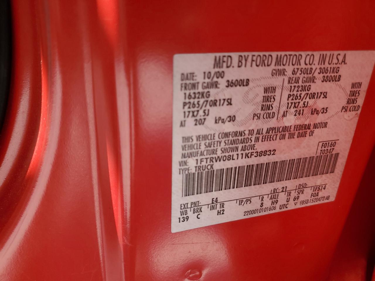 2001 Ford F150 Supercrew VIN: 1FTRW08L11KF38832 Lot: 84658645