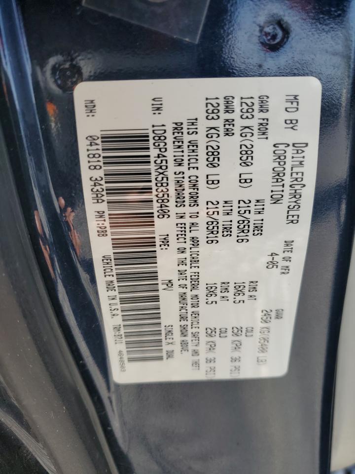 2005 Dodge Caravan Sxt VIN: 1D8GP45RX5B358406 Lot: 82355185