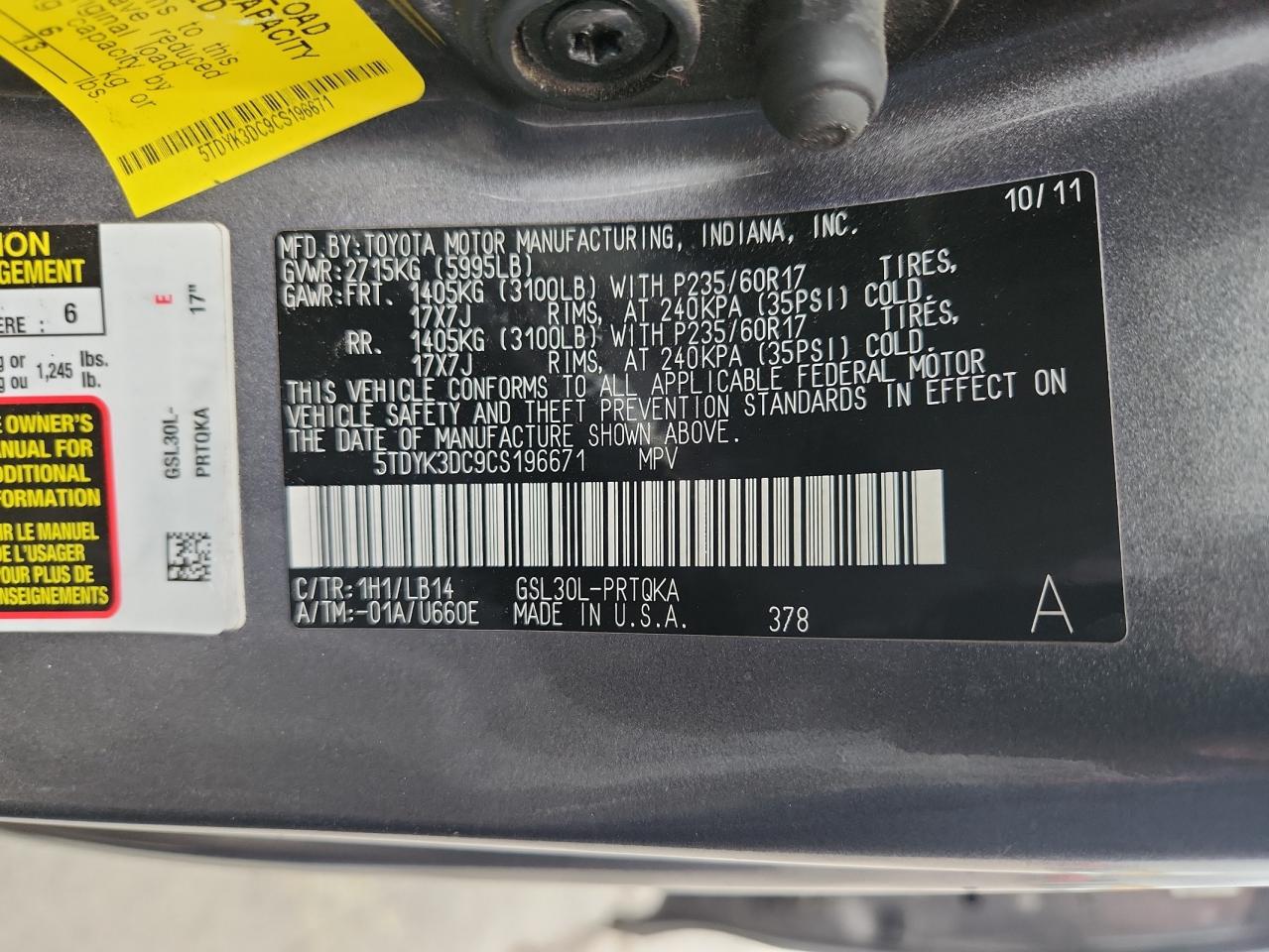 2012 Toyota Sienna Xle VIN: 5TDYK3DC9CS196671 Lot: 81924885